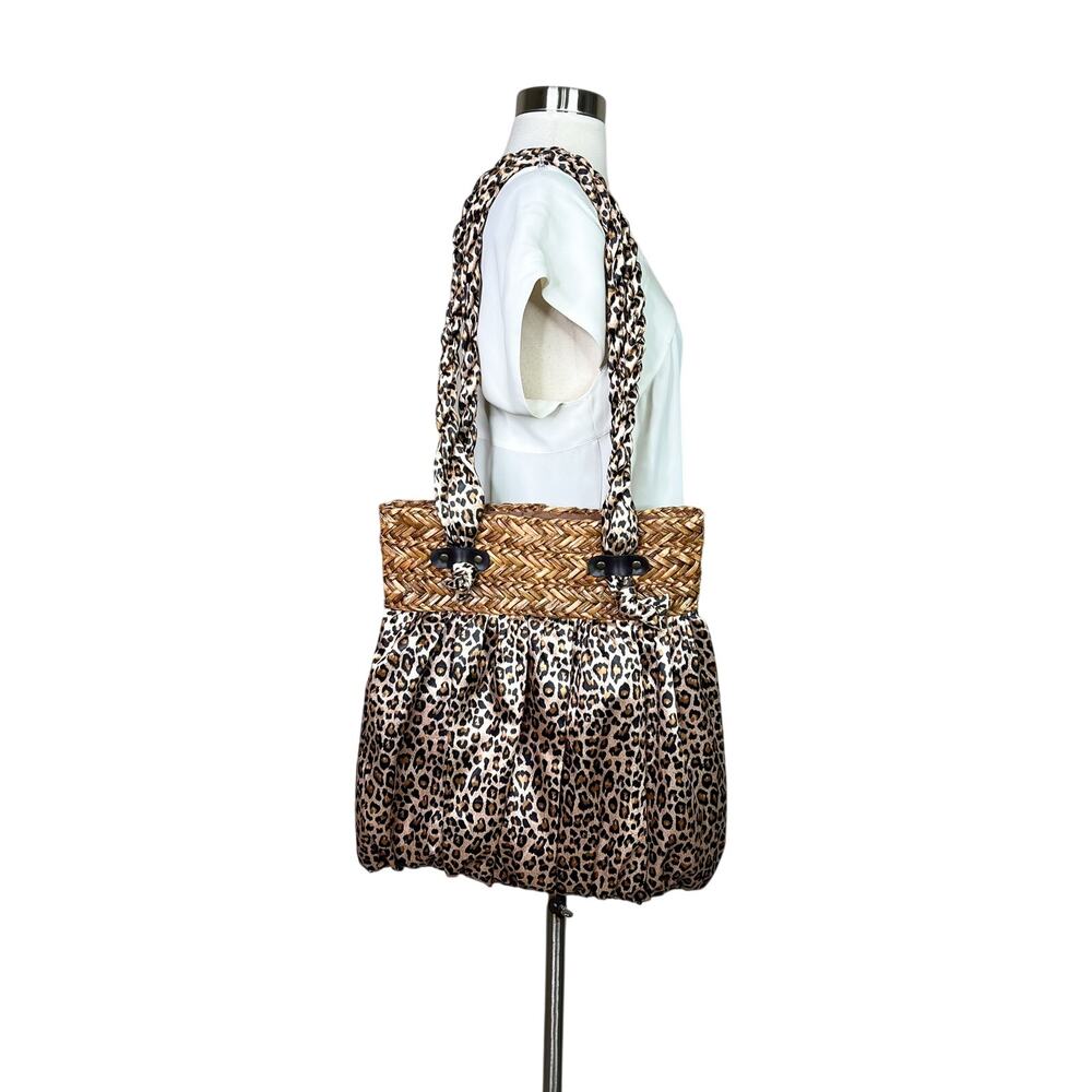 Capelli | Leopard Print Satin Straw Trim Shoulder Bag Boho Slouchy Tote Purse